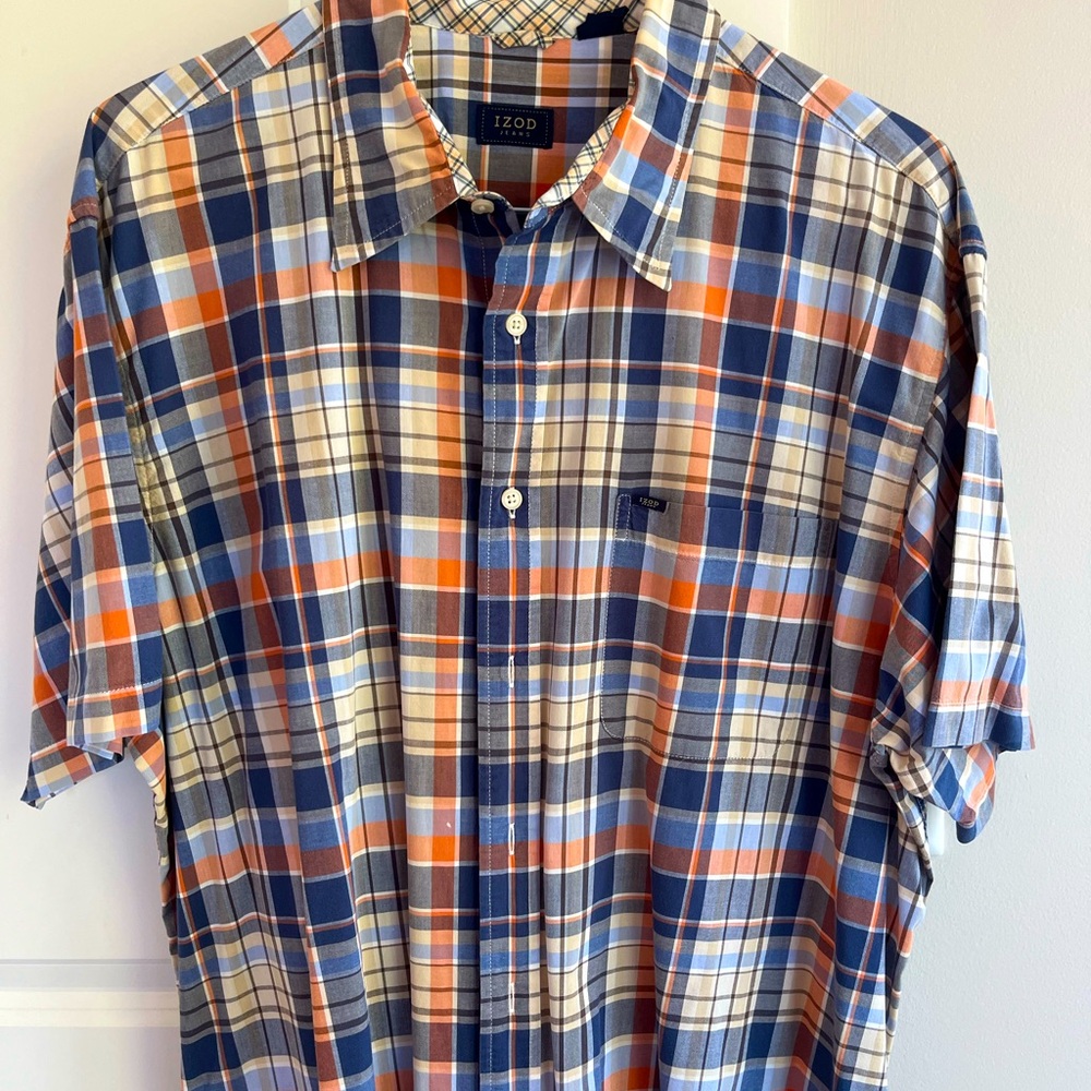 IZOD Men's Blue and Orange Plaid Shirt